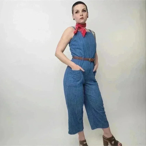 Wide Leg Denim Cropped Romper Jumpsuit - M - Picture 1 of 10